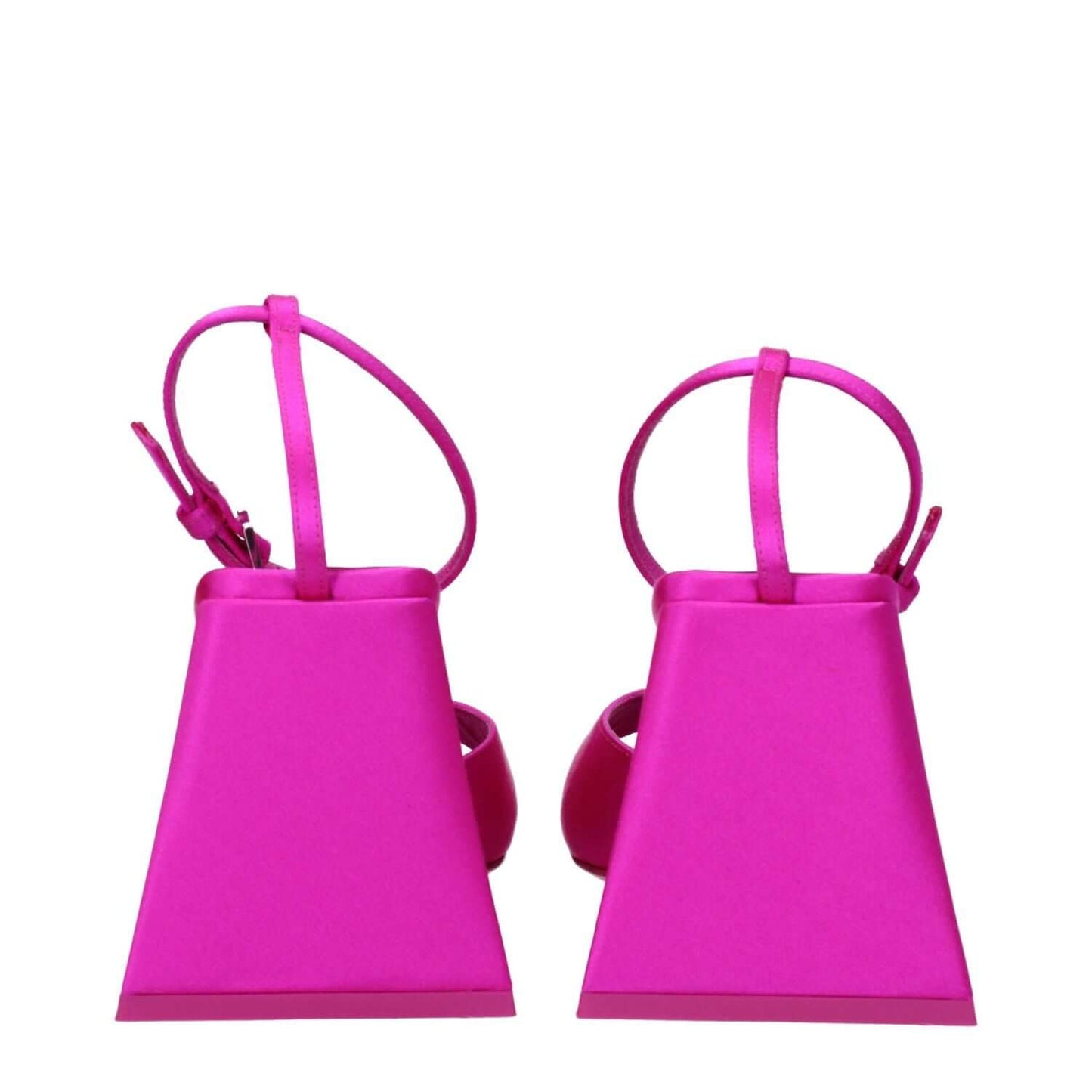 The Attico Pink Satin Stiletto Heel Sandals with open toe and leather sole, featuring stylish buckle closure.