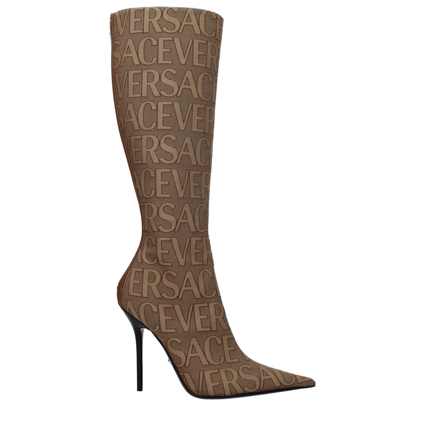 Versace Beige Fabric High Heel Boots with logo, pointy toe, and zip closure. Stylish casual knee-high design with an 11 cm heel.
