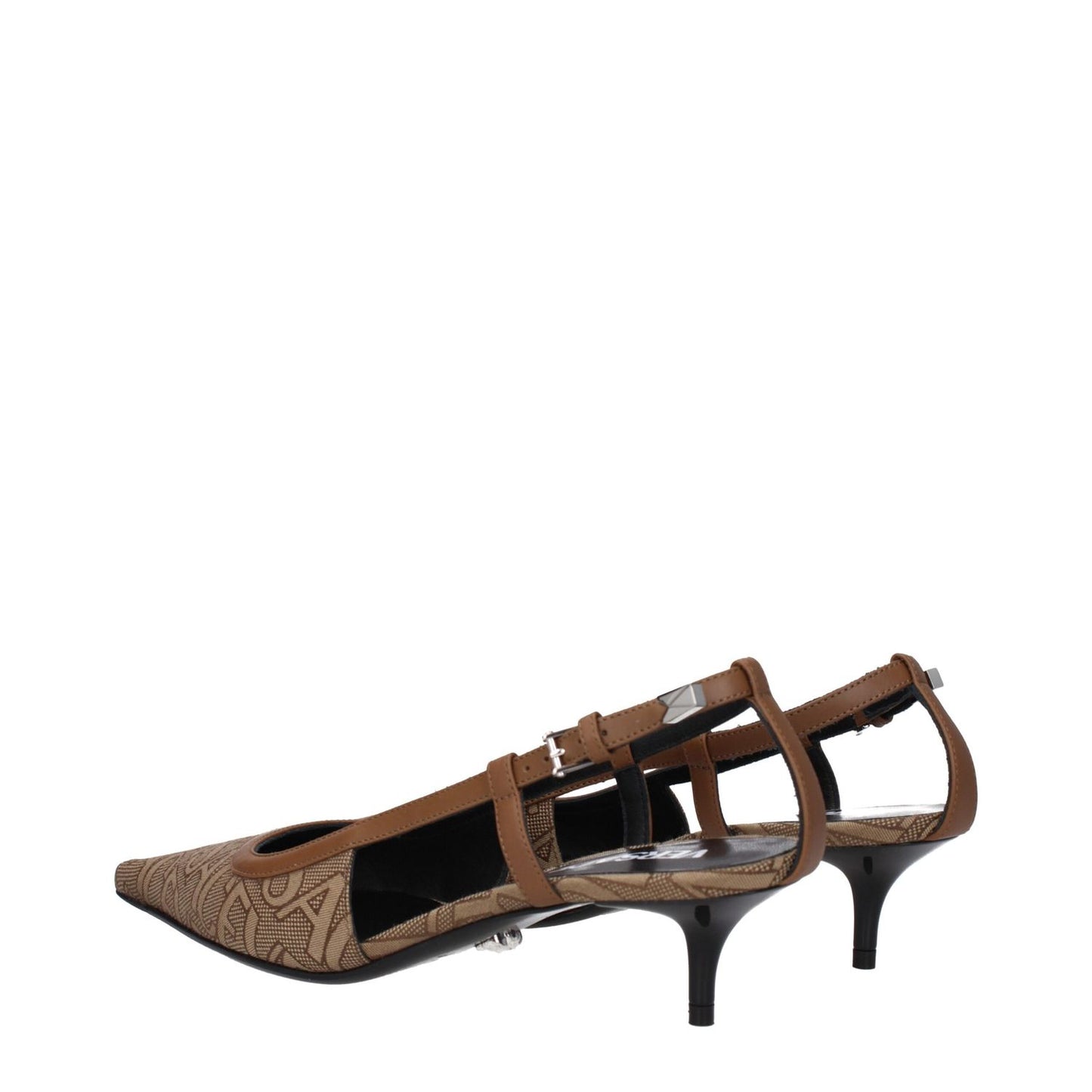 Versace Beige Fabric Mid Heel Pumps with pointy toe, logo detail, and buckle closure. Casual style, leather sole, 7.5 cm heel height.