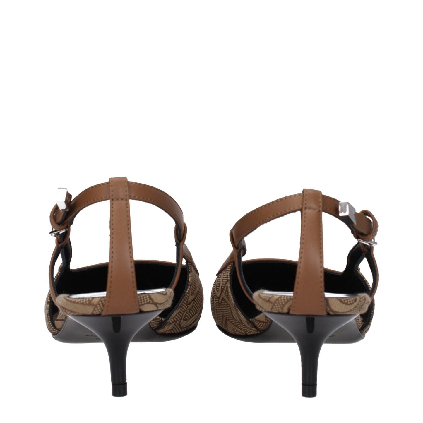 Versace Beige Fabric Mid Heel Pumps with fabric design, pointy toe, and buckle closure, featuring brown accents and leather sole.