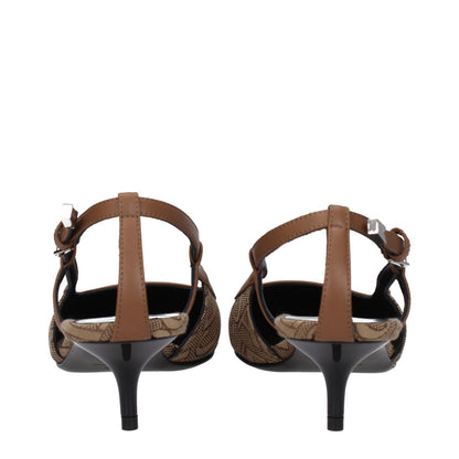 Versace Beige Fabric Mid Heel Pumps with fabric design, pointy toe, and buckle closure, featuring brown accents and leather sole.