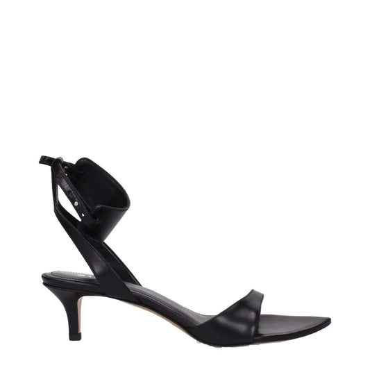 Isabel Marant Black Leather Sandals with buckle closure, leather sole, mid heels, open toe design, and 6 cm heel height.