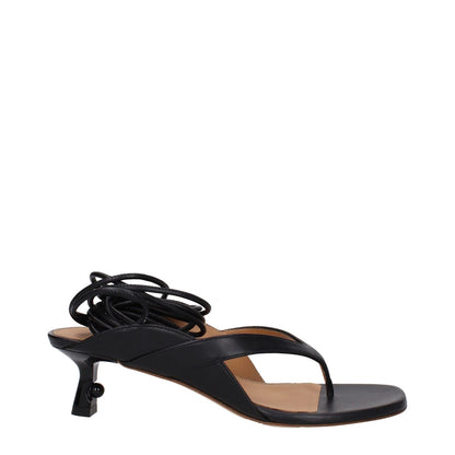 Off-White Black Leather Flip-Flop Sandals with self tie closure and open toe design, featuring mid heels and leather sole.