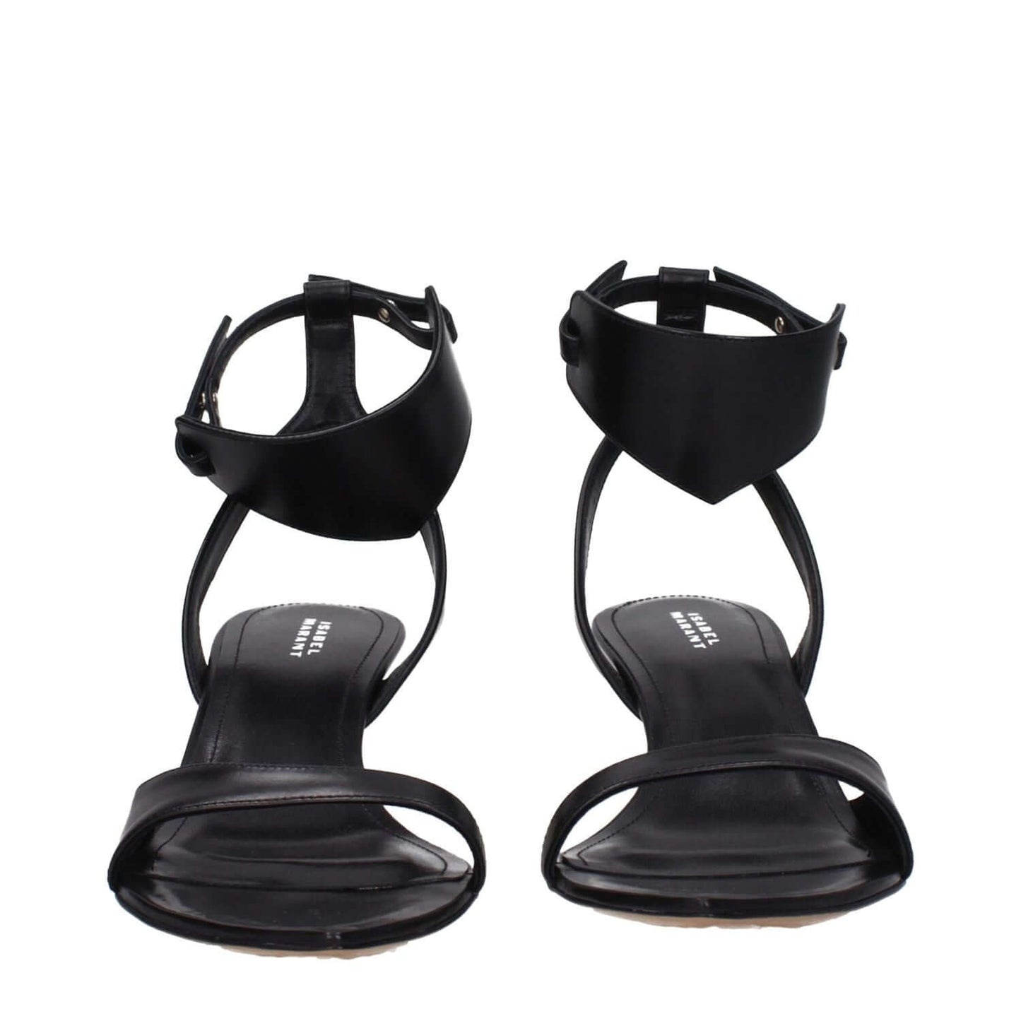 Isabel Marant Black Leather Sandals with buckle closure and mid heels, featuring a 6 cm height and open toe design.