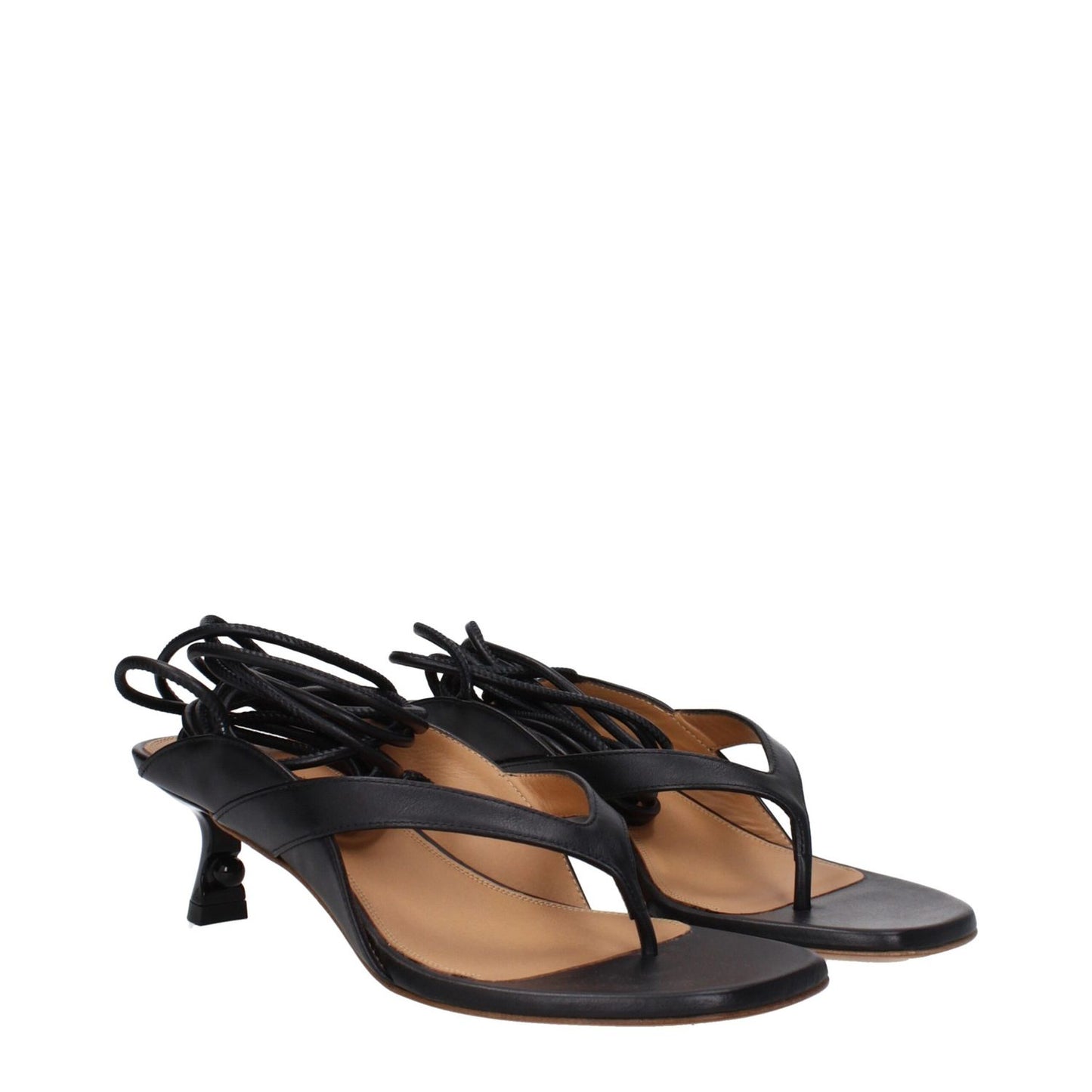 Off-White Black Leather Flip-Flop Sandals with self tie closure and mid heels, featuring an open toe design.