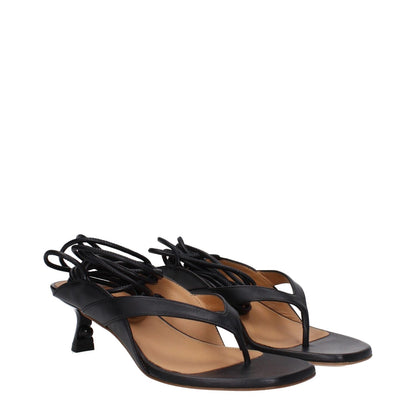 Off-White Black Leather Flip-Flop Sandals with self tie closure and mid heels, featuring an open toe design.