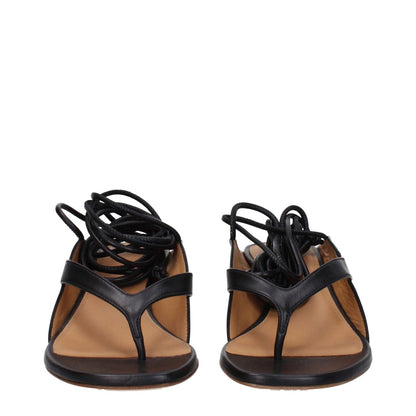 Front view of Off-White Black Leather Flip-Flop Sandals with self tie closure, open toe, and mid heels.