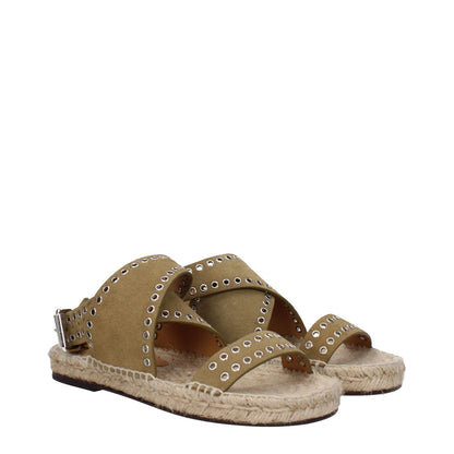 Isabel Marant Green Leather Flat Sandals with studs, silver buckle closure, and open toe design, featuring a turtledove secondary color.
