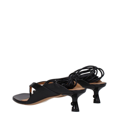 Off-White Black Leather Flip-Flop Sandals with self-tie closure and mid heels, featuring open toe design and leather sole.