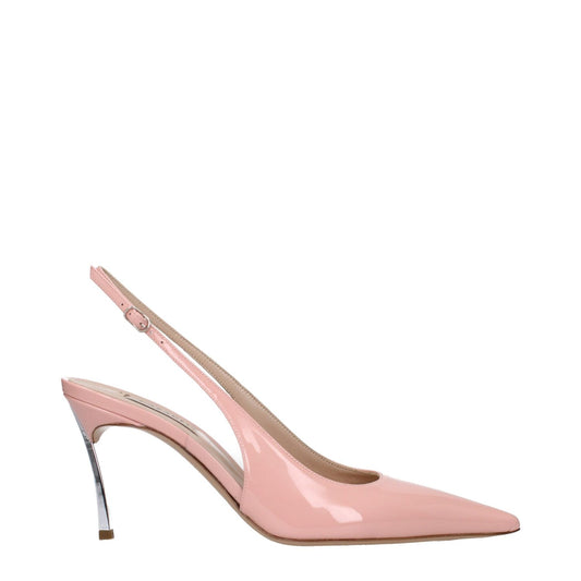 Casadei Pink Leather High Heel Pumps with pointy toe, silver details, buckle closure, mid heel, 8.5 cm heel height, romantic style.