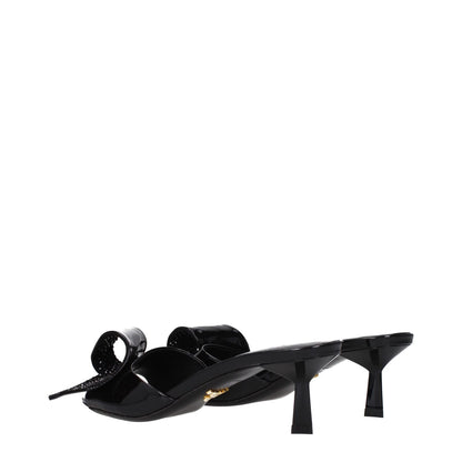 Prada Black Leather Sandals with open toe and mid heels, featuring a sleek leather sole design. Casual style, heel height 5.5 cm.