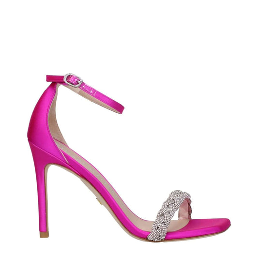 Stuart Weitzman Pink Satin Stiletto Heel Sandals with rhinestones, open toe, buckle closure, 10 cm high heel in fuchsia.