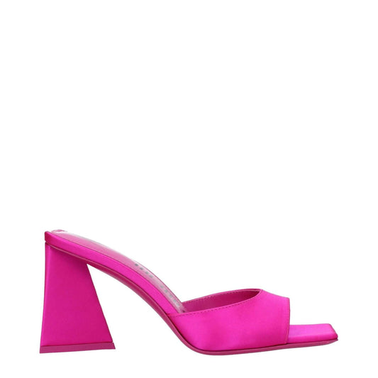 The Attico Pink Satin Stiletto Heel Sandals with open toe and mid heels, featuring a fuchsia satin upper and leather sole, side view.