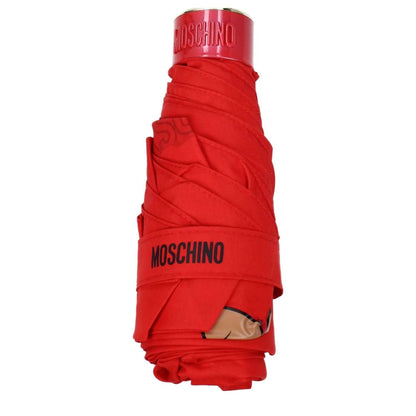 Moschino Red Polyester Umbrella with logo, showing closed casual design and clips closure, MPN 8351SUPERMINIC, code F81733.