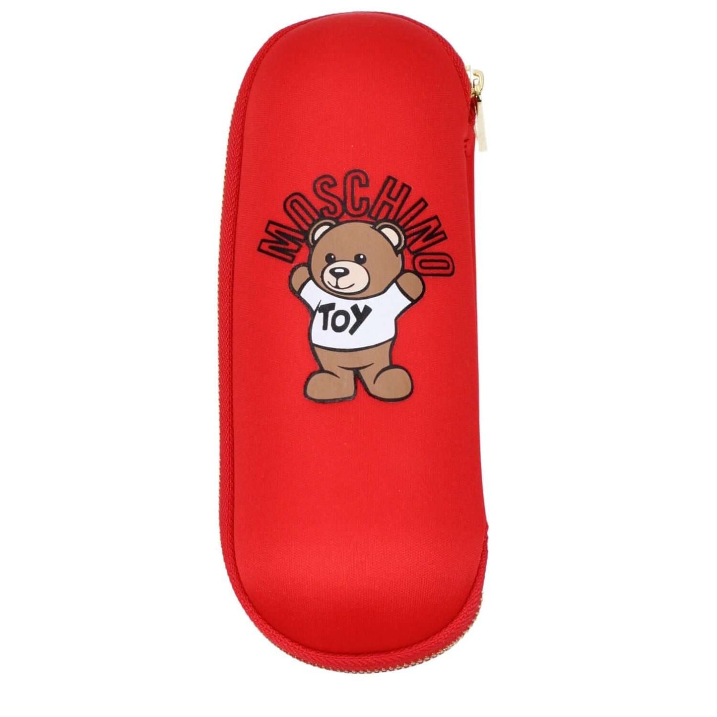 Bright red Moschino toy case featuring logo and teddy bear design.