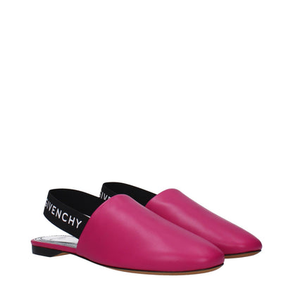 Givenchy Pink Leather Flat Sandals with side and back logo, featuring a low flat heel and round toe design.