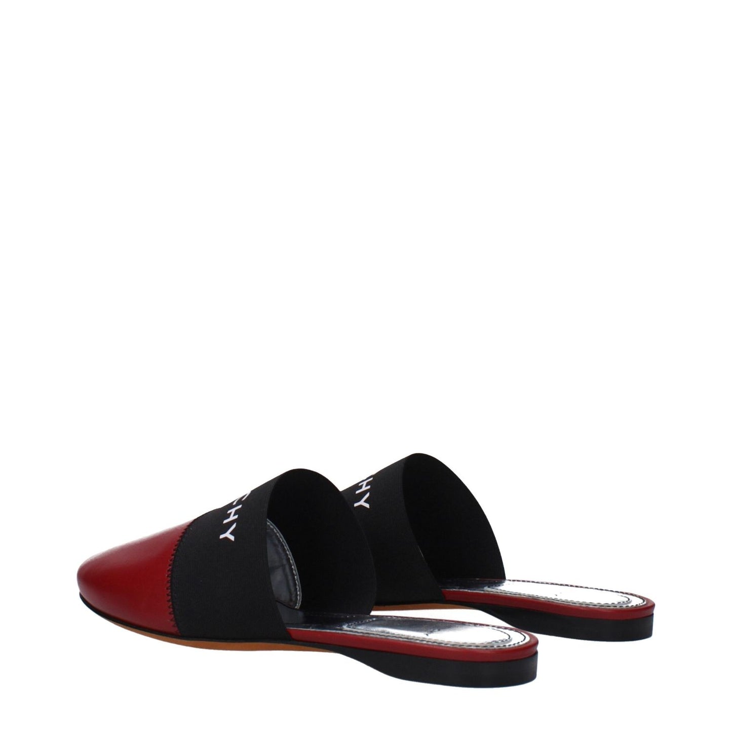 Givenchy Red Leather Slippers with front logo, casual style, cherry accents, and low, flat heel, featuring round toe and leather sole.