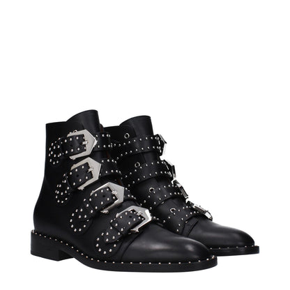 Givenchy Black Leather Ankle Boots with stud details, buckle closure, round toe, leather sole, low flat heel, casual style.