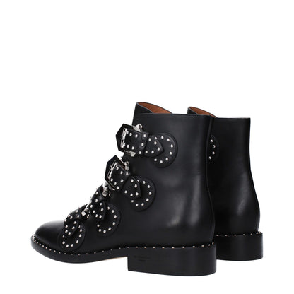 Givenchy Black Leather Ankle Boots with studs, buckle closure, round toe, and leather sole. Style: Casual, Heel: Low and flat.