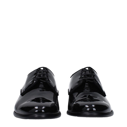 Dolce & Gabbana Black Leather Oxfords And Derbies, patent leather lace-up shoes, low heel, pointy toe, leather sole.