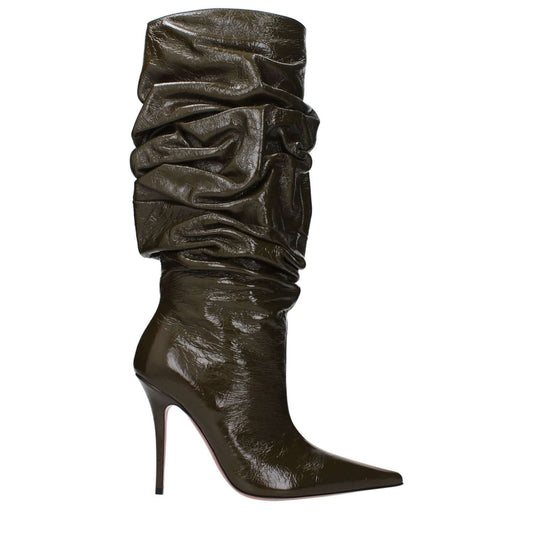 Amina Muaddi Green Leather High Heel Boots with vintage effect, pointy toe, and 10.5 cm heel, featuring a mud secondary color.