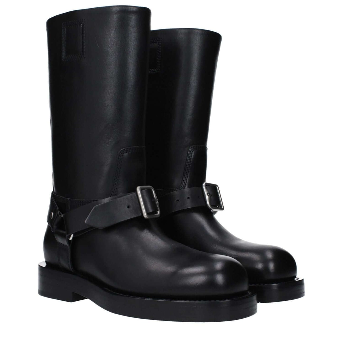 Burberry Black Leather Boots with buckle closure, mid heels, and round toe. Stylish and casual footwear for fashion enthusiasts.