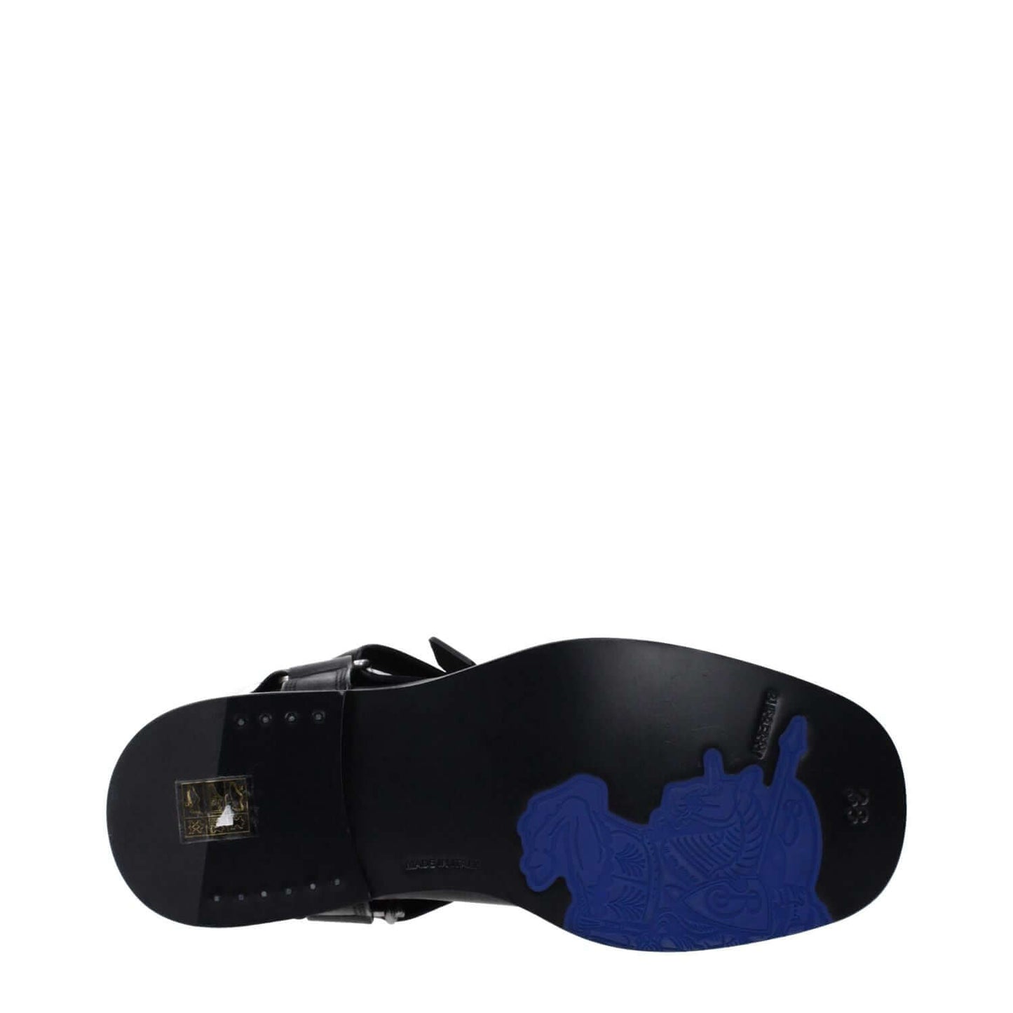 Sole view of Burberry Black Leather Boots with leather sole, buckle closure, and round toe design. Product code: F82845, MPN: 8077392.