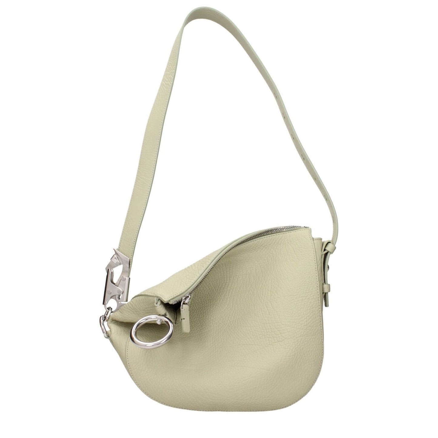Burberry Green Leather Shoulder Bag with adjustable and removable handle, zip closure, and silver accents. Casual style, 24.5x23.5 cm.