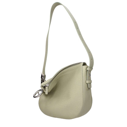 Burberry Green Leather Shoulder Bag with adjustable strap and silver details, featuring zip closure. Casual style, 24.5 cm wide.