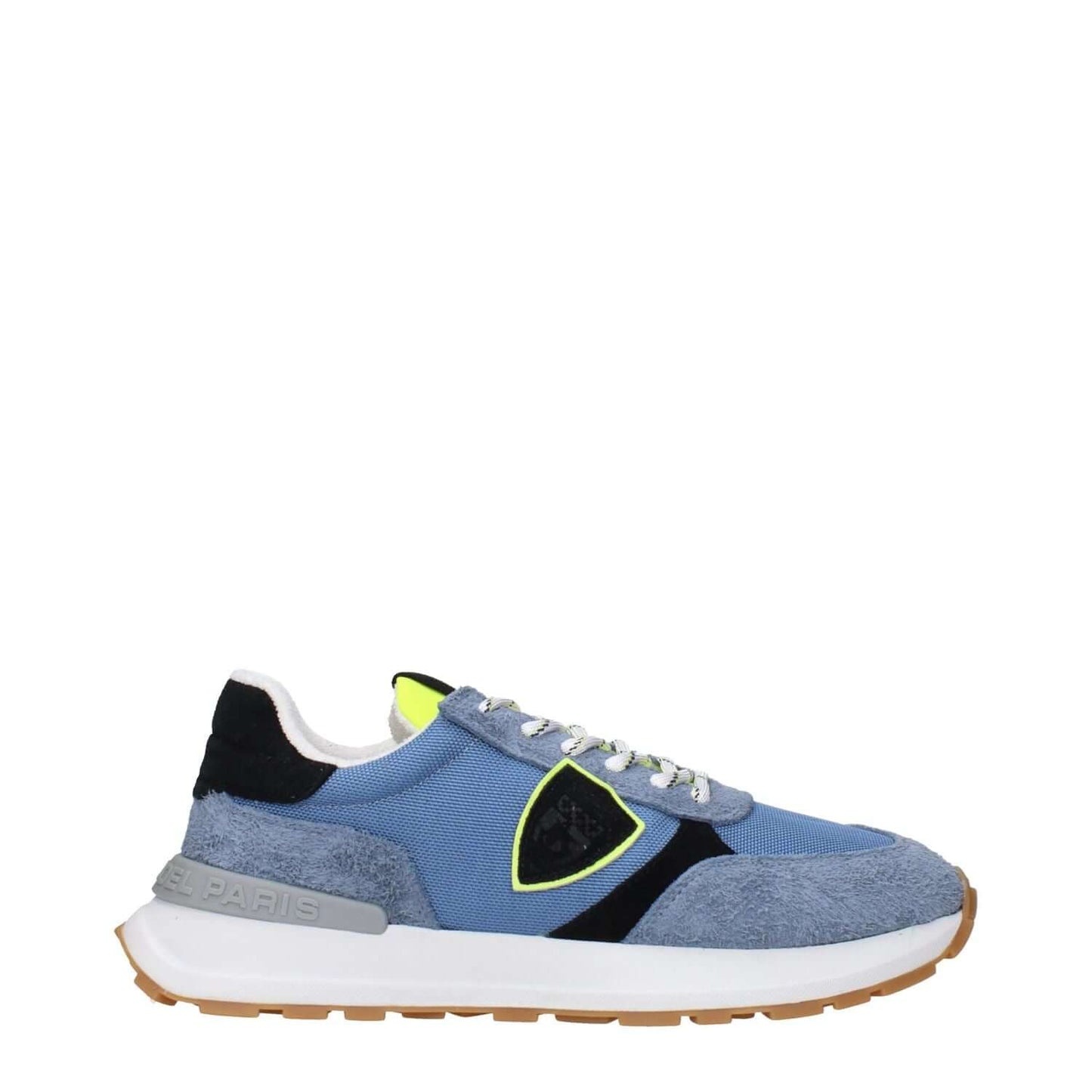Philippe Model Blue Fabric Athletic Sneakers with front and back logo, vintage effect.