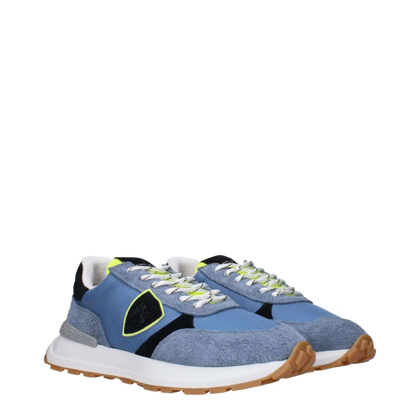 Philippe Model Blue Fabric Athletic Sneakers with logos, vintage effect, and MPN ATLUZ0TB215, code F83282, in blue fabric.