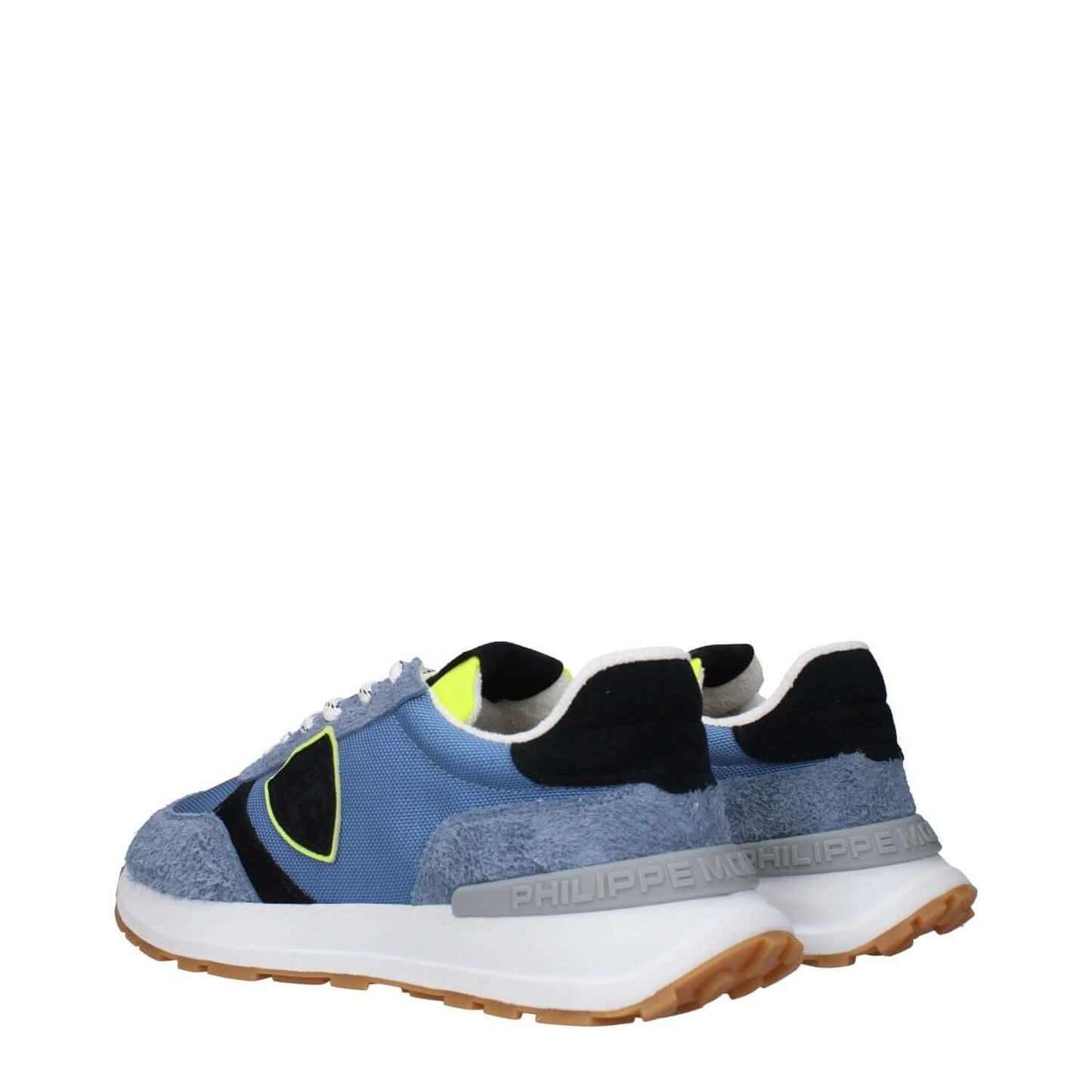 Philippe Model Blue Fabric Athletic Sneakers, featuring front and back logo with vintage effect, side view.
