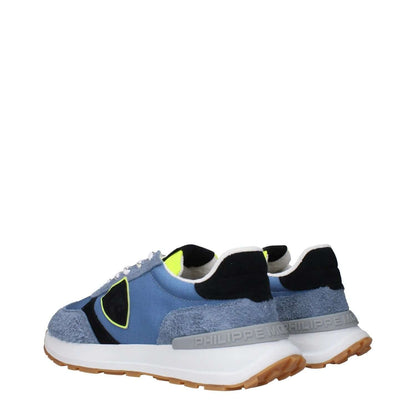 Philippe Model Blue Fabric Athletic Sneakers, featuring front and back logo with vintage effect, side view.