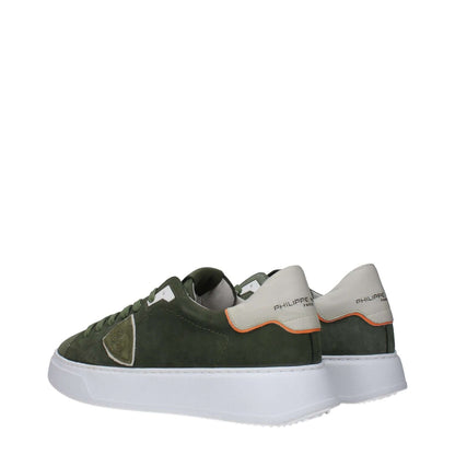 Philippe Model Green Leather Low Top Sneakers with front logo, side detail, and back logo on white sole.