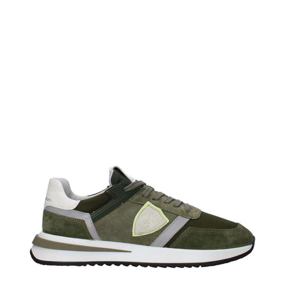 Philippe Model Green Leather Athletic Sneakers with suede finish, front and back logos, lace-up closure, and rubber sole, mid heel.