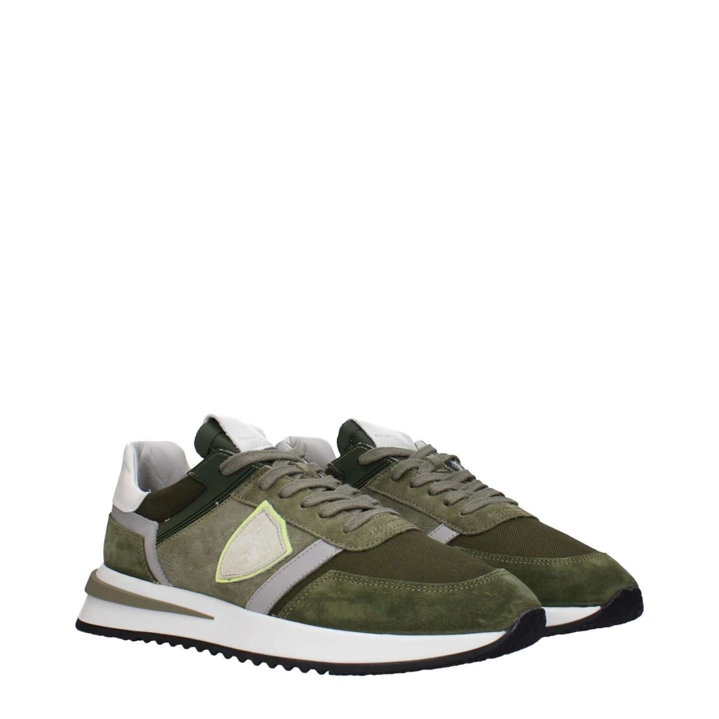 Philippe Model Green Leather Athletic Sneakers with suede material and rubber sole, featuring front logo and lace-up closure.