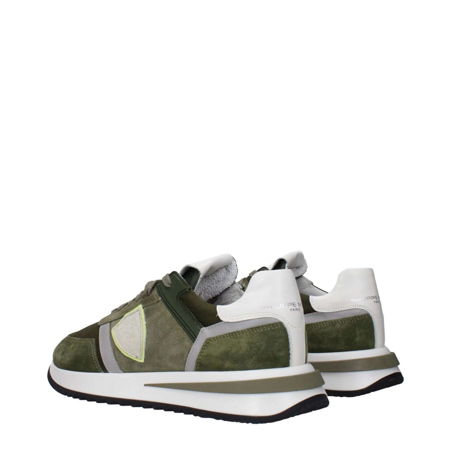 Philippe Model Green Leather Athletic Sneakers with suede design, lace-up closure, round toe, mid heels, rubber sole, front, back logo.
