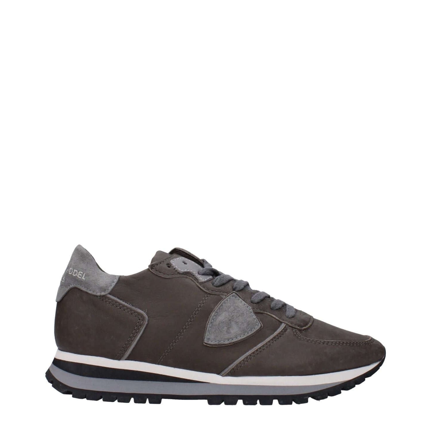 Philippe Model Gray Leather Sneakers with lace-up closure, side detail, and sporty glam design.