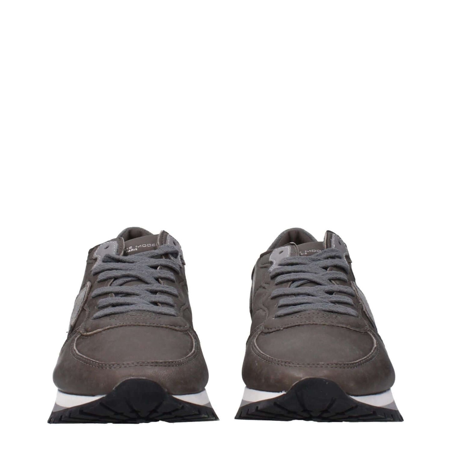 Philippe Model Gray Leather Sneakers featuring a front logo, lace-up closure, rubber sole, and gray anthracite finish.