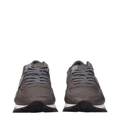 Philippe Model Gray Leather Sneakers featuring a front logo, lace-up closure, rubber sole, and gray anthracite finish.