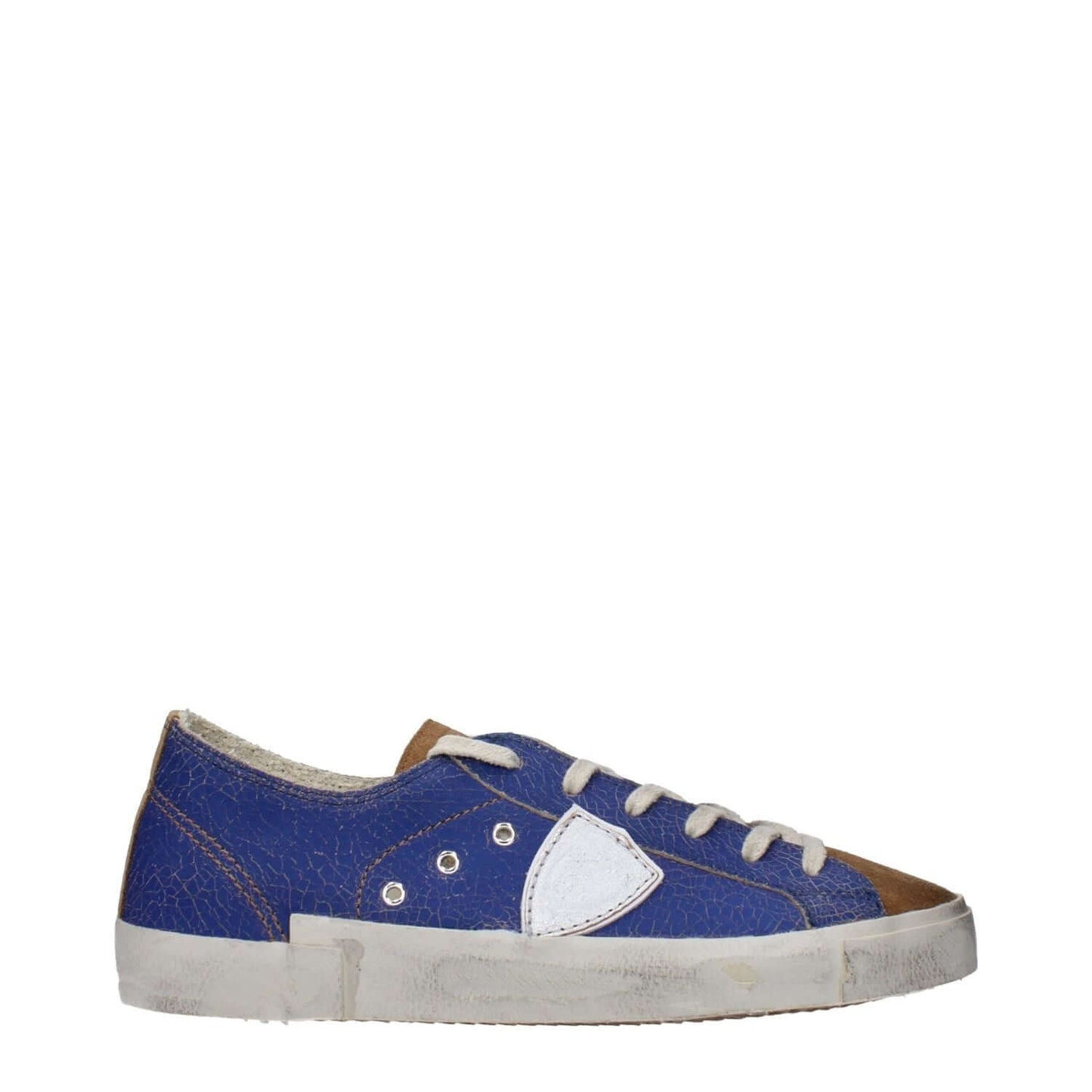 Philippe Model Blue Leather Low Top Sneakers with distressed look, front logo, lace-up closure, and round toe design.