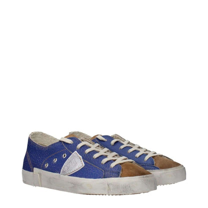 Philippe Model Blue Leather Low Top Sneakers with vintage and distressed effects, featuring a front logo and lace-up closure.