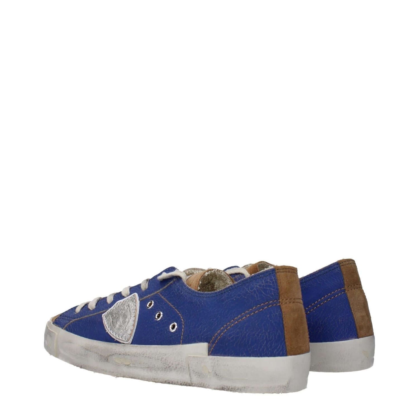 Philippe Model Blue Leather Low Top Sneakers with vintage and aged effects, front logo, round toe, lace-up closure, and rubber sole.