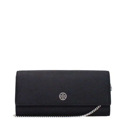 Tory Burch Black Leather Clutch Bag with front logo and removable shoulder strap.