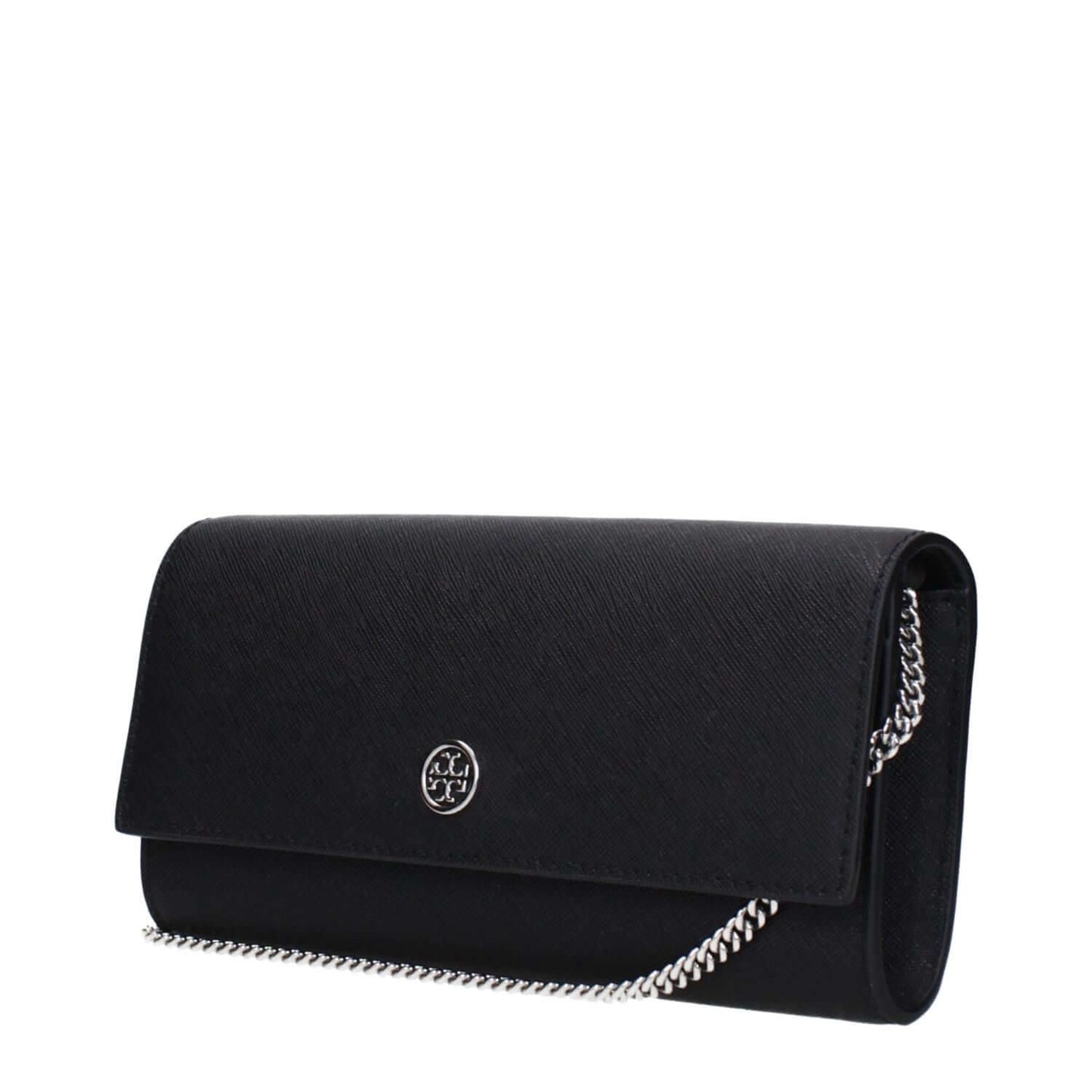 Tory Burch Black Leather Clutch Bag with front logo and removable shoulder chain, MPN 157098001, code F83369.
