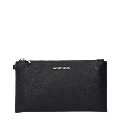 Michael Kors Black Leather Clutch Bag with front logo and zipper closure.