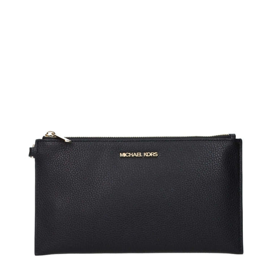 Michael Kors Black Leather Clutch Bag with front logo and zipper closure.