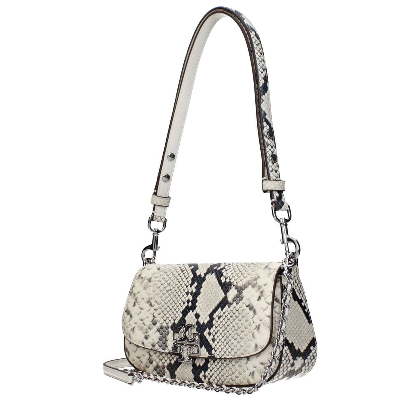 Tory Burch White Leather Shoulder Bag with snakeskin pattern, front logo, adjustable and removable handles, and chain detail.