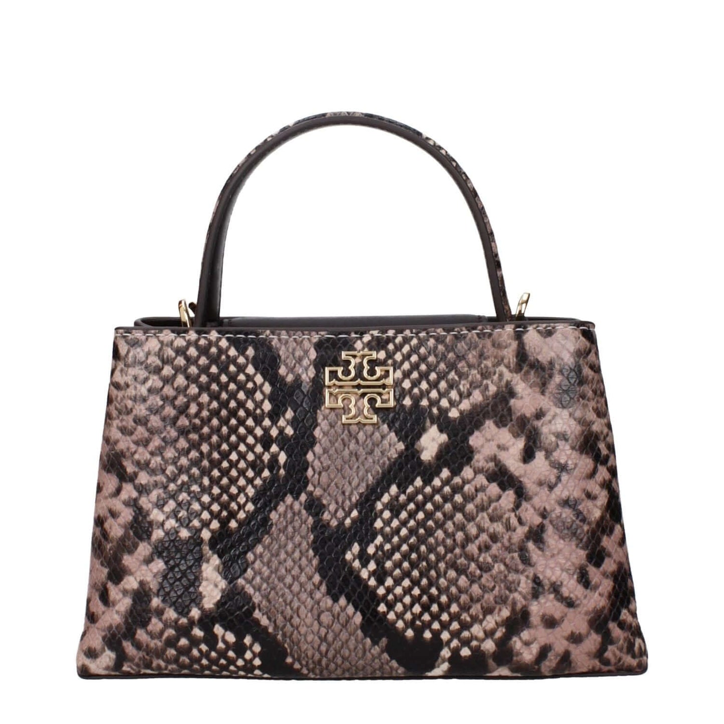 Tory Burch Pink Leather Handbag with snake print and front logo, featuring removable and adjustable shoulder strap.