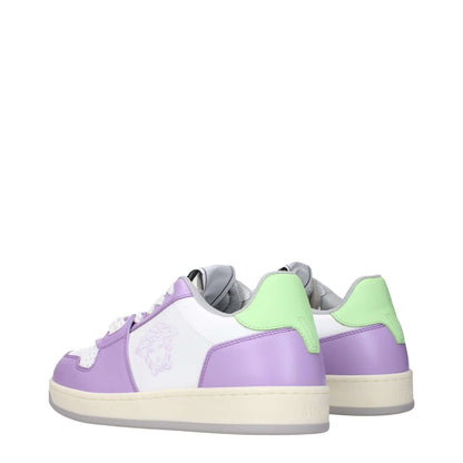 Versace White Leather Low Top Sneakers with lilac accents, featuring front, side, and back logos, lace-up closure, rubber sole, and round toe.